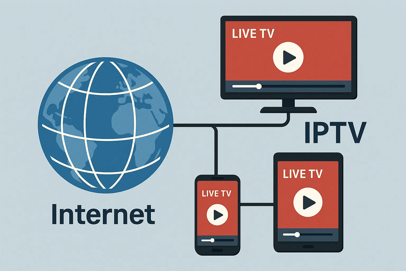 Schematische weergave van IPTV: live tv via internet op tv, smartphone en tablet