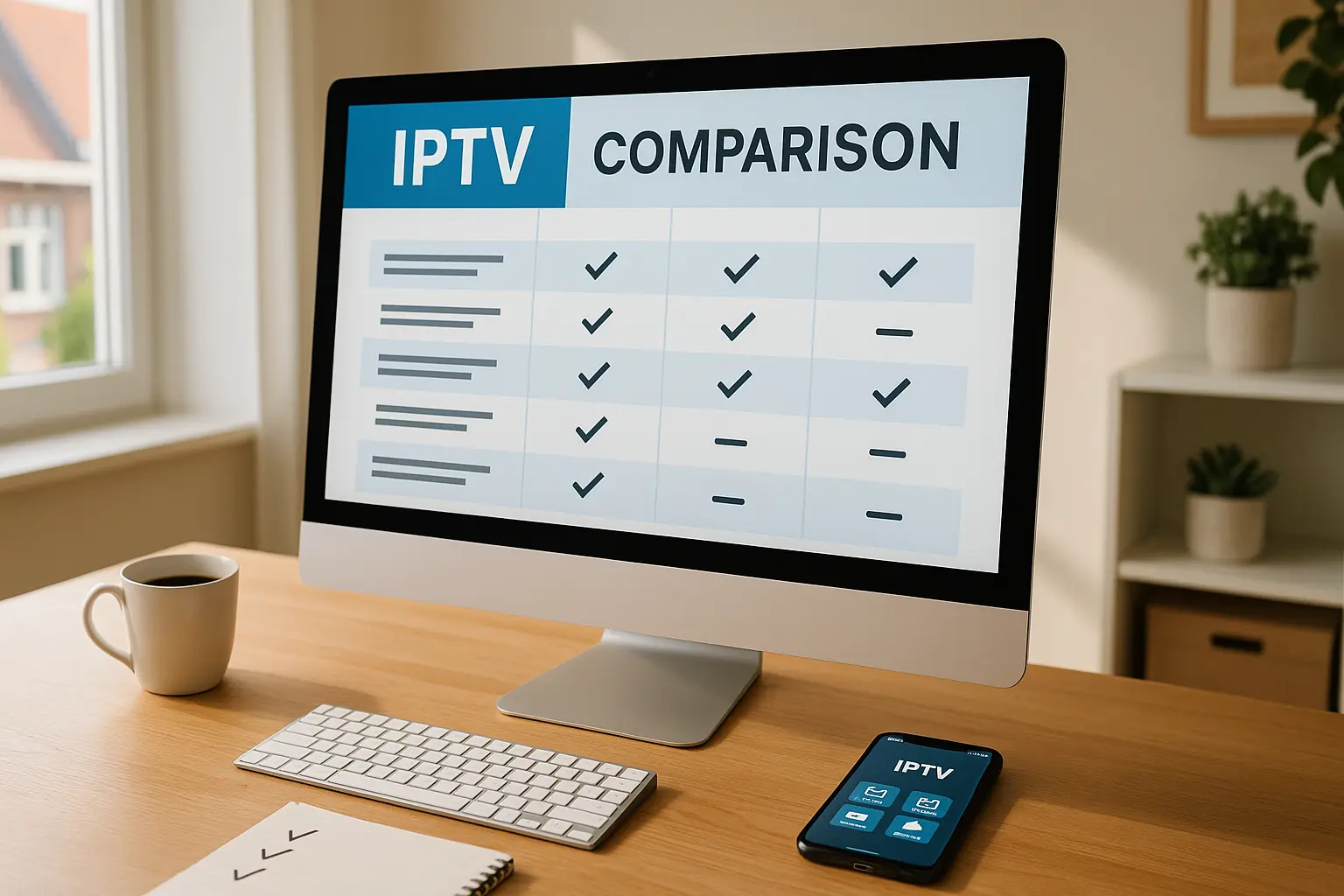 Vergelijking van IPTV abonnementen op een computerscherm in een modern Nederlands thuiskantoor.