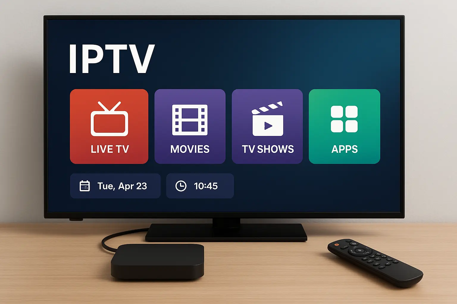 IPTV box aangesloten op televisie met kleurrijke IPTV-interface