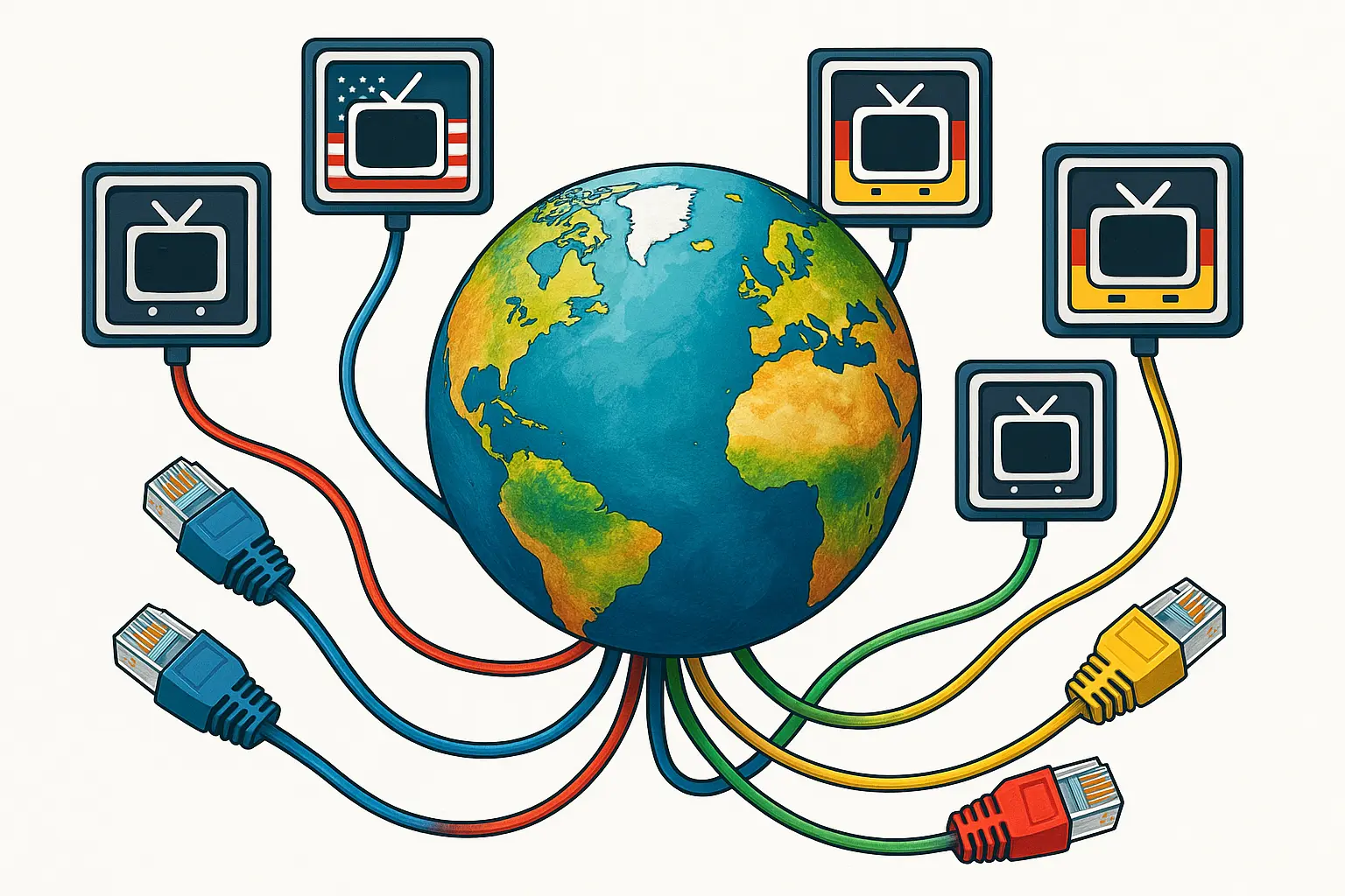 Wereldkaart met landen verbonden via internetkabel – IPTV voor expats wereldwijd