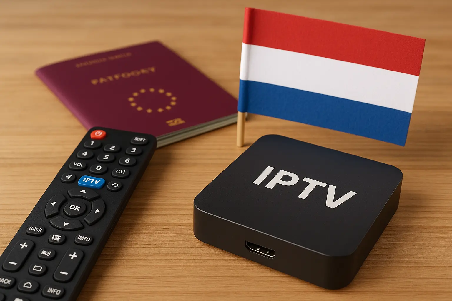 IPTV-box met afstandsbediening en paspoort op tafel – symbool voor wereldwijd tv-kijken