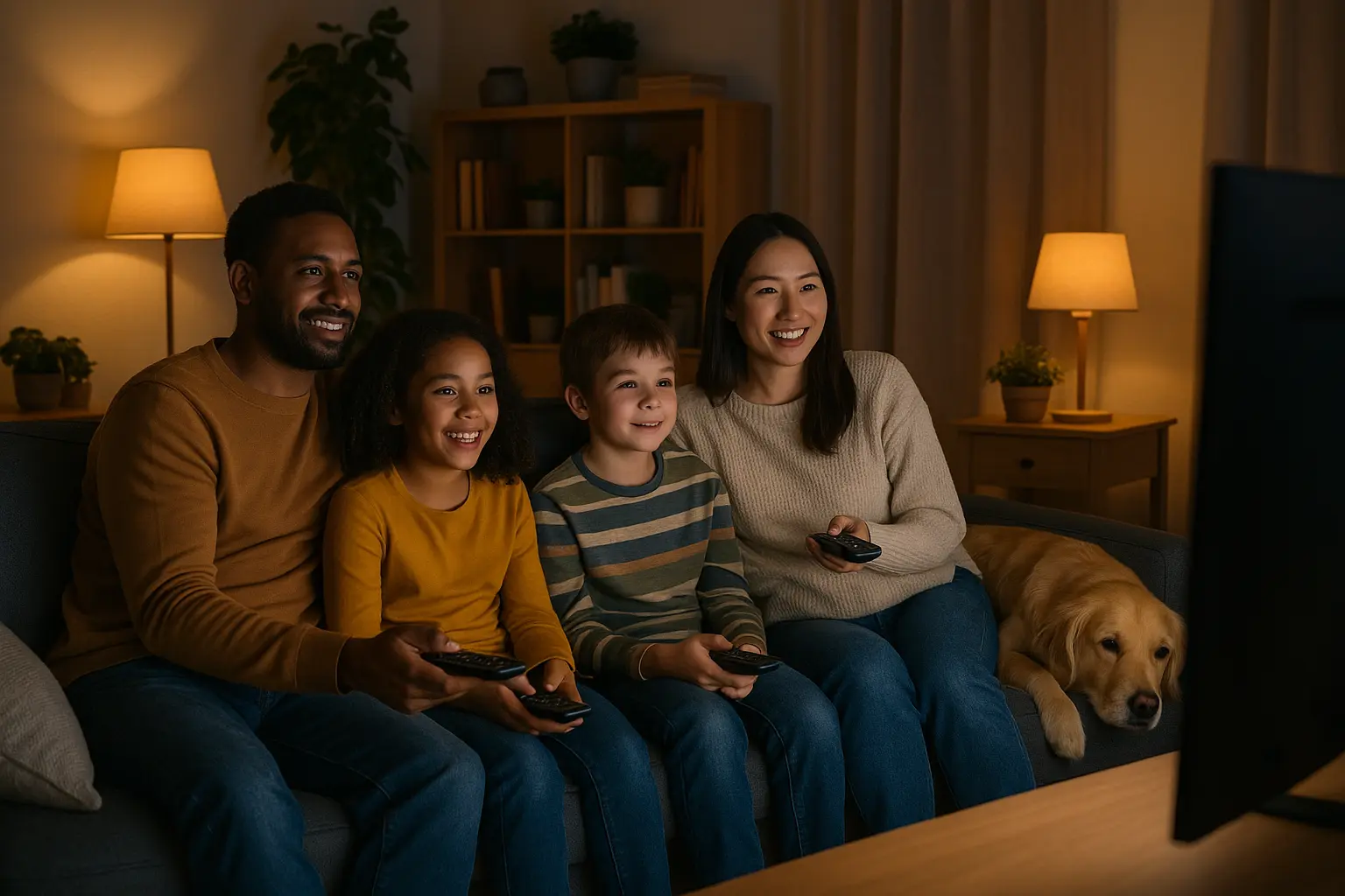 Gezin kijkt online tv via IPTV op de bank.