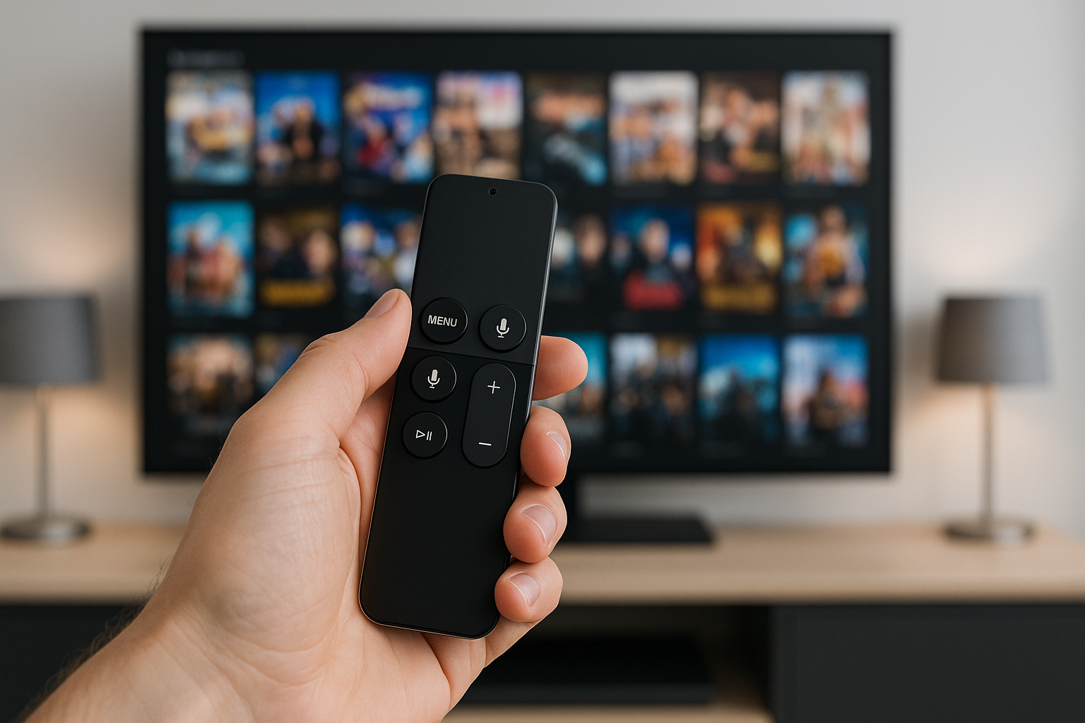 Hand met afstandsbediening gericht op IPTV-scherm met zenderinterface – IPTV eenvoudig bedienen vanaf je bank