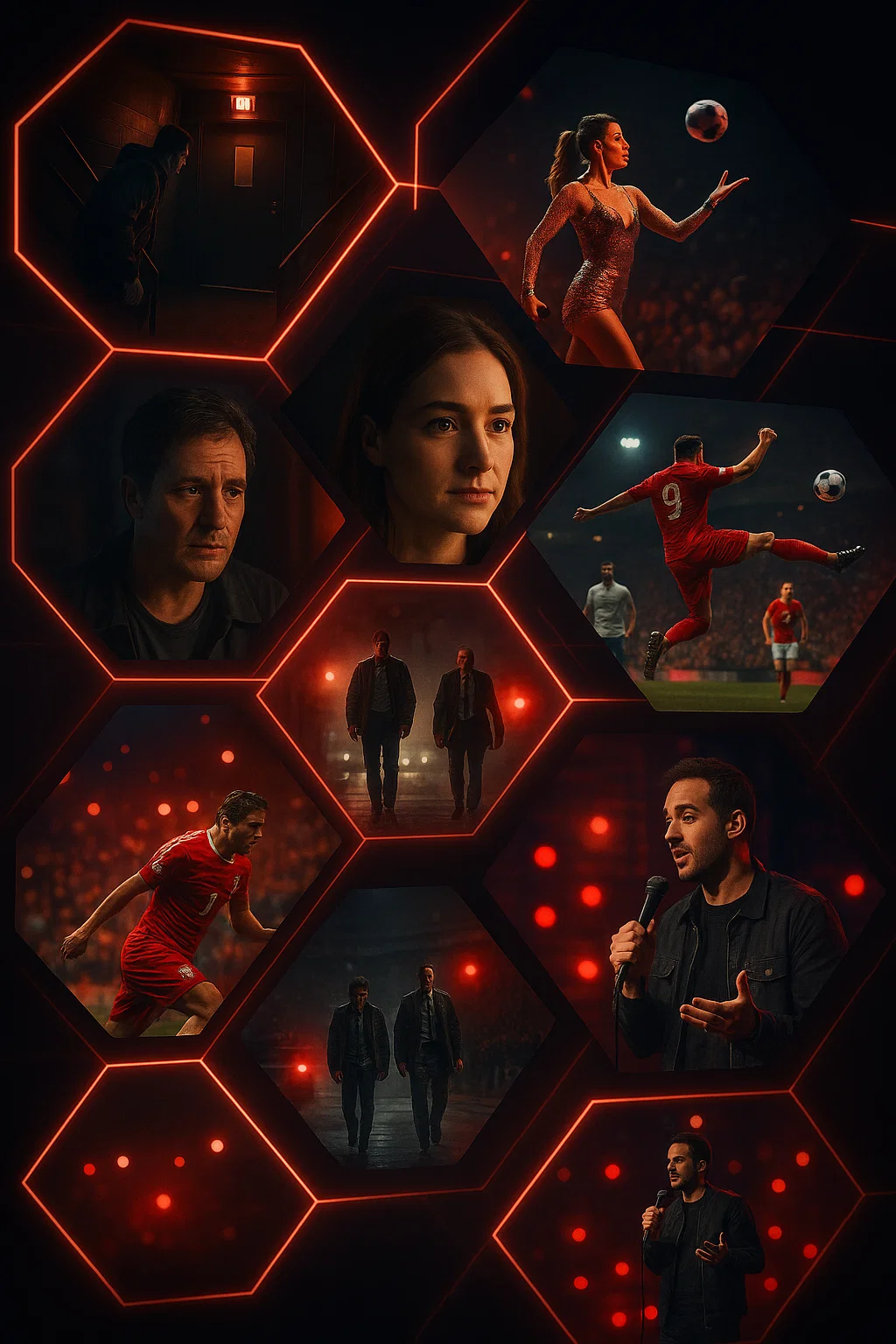 Multiscreen collage met sport, films, series en entertainment – IPTV-abonnement voor elk type kijker