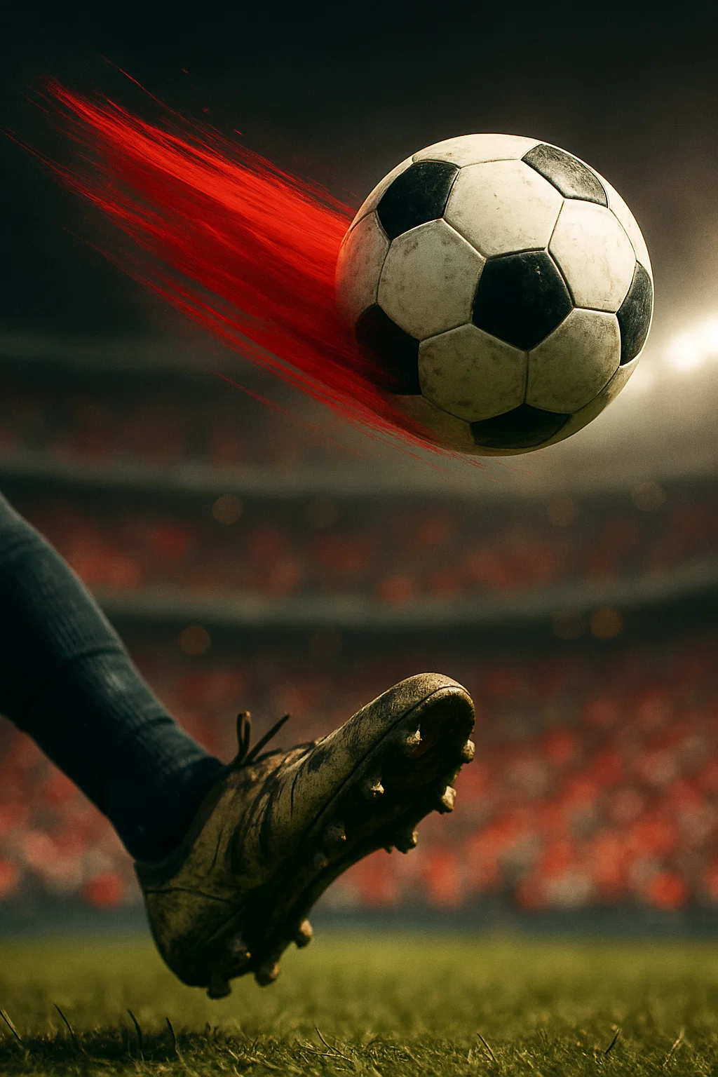 Voetbal wordt hard geschoten richting camera in vol stadion – IPTV sportbeleving in actie